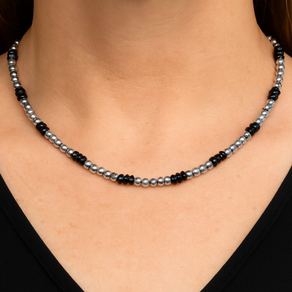 Sterling Silver & Black Onyx 18″ Beaded Necklace New